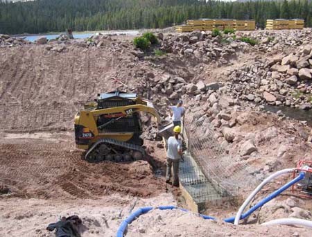 06-Brown Duck Lake Stabilization, installing gabion baskets at downstream cut-off wall