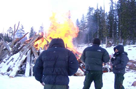 29-Clements Lake stabilization, piled logs are burned by US Forest Service fire crew at completion of project