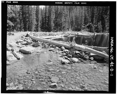 HAER photo of Deer Lake Dam showing upstream face with spillway in foreground, July 1985