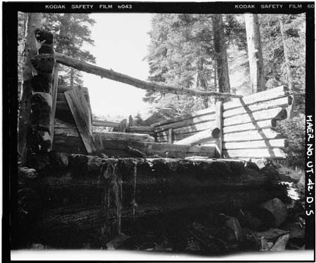 HAER photo of wood measuring box downstream from Deer lake Dam, looking northwest, July 1985