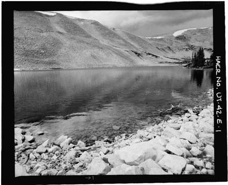HAER photo of Drift Lake and upstream face of Dam, looking northwest, July 1985