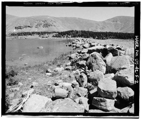 HAER photo of upstream face of East Timothy Lake Dam, looking east, July 1985