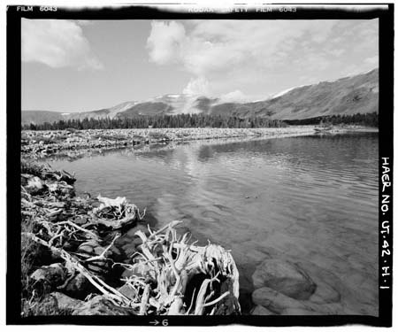 HAER photo of Five Point Lake and Dam, showing upstream face looking southwest, July 1985