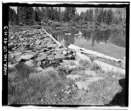 HAER photo of concrete dam extention and spillway at Five Point Lake Dam, July 1985