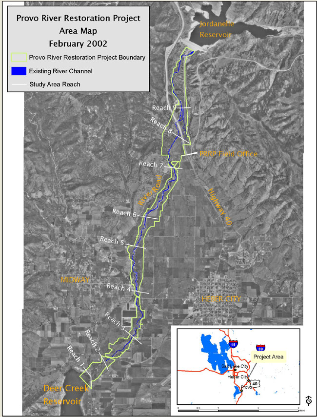 Provo River Restoration Project Area and Reaches Map